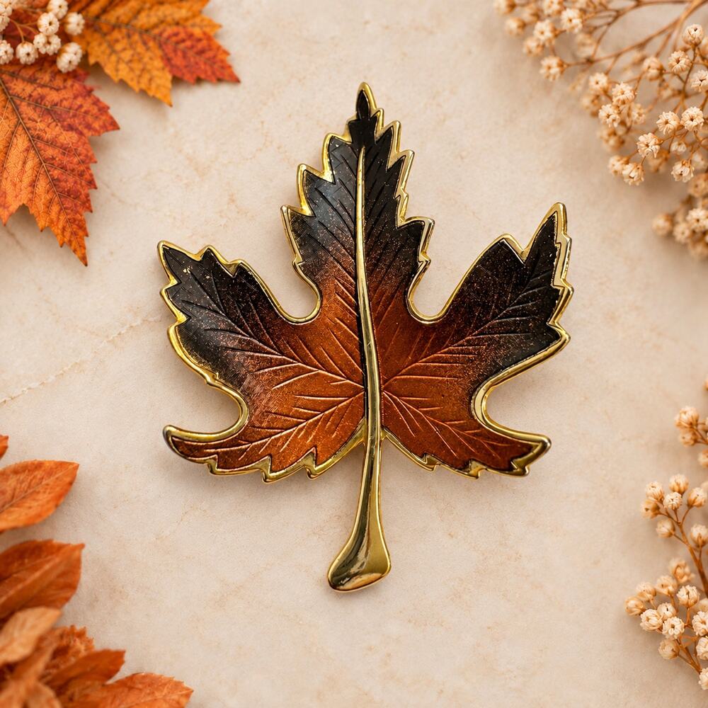 Autumn Maple Leaf Brooch Gold Tone Brown Enamel Vintage Style Fall Pin CP218
